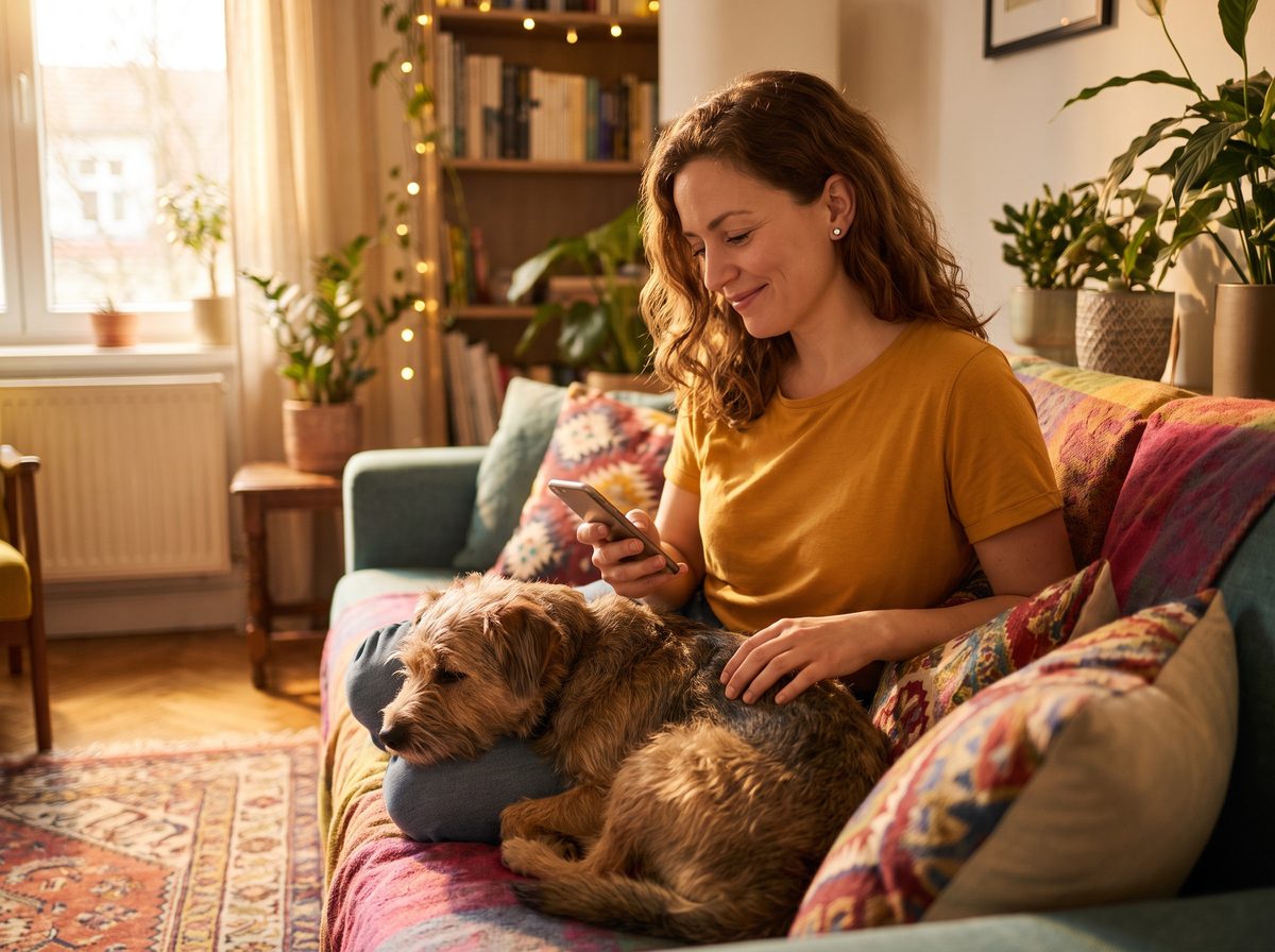 Una clienta en el sofá con su perro, donando su Cashback desde la app